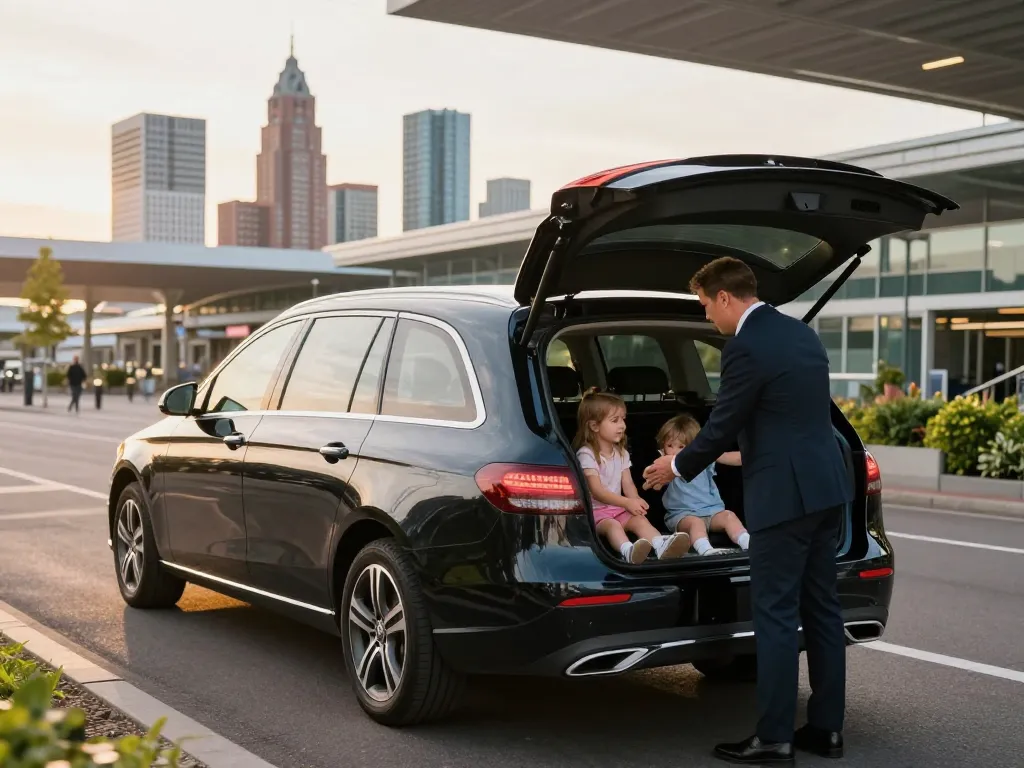 Taxi Amsterdam service met een professionele chauffeur die passagiers verwelkomt met een Mercedes op Schiphol