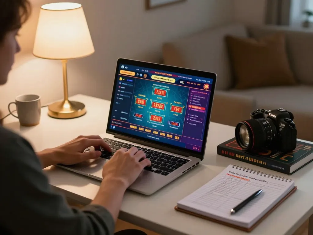Engaging in strategic gameplay at Nhà cái Jun88 with a laptop, showcasing online casino activities in a cozy home setting