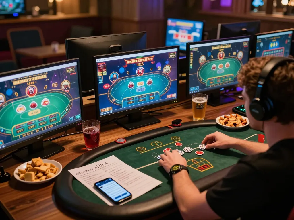 Engaging with RR88 online poker game while surrounded by snacks, showcasing strategic betting.
