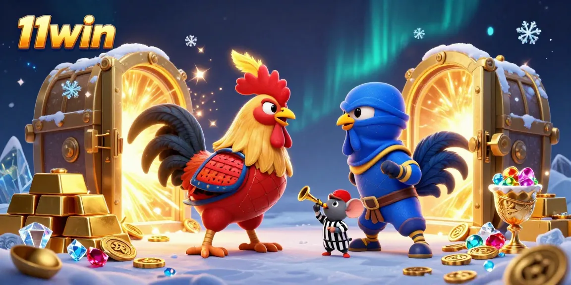 Experience the excitement of 11win with cartoon fighting roosters and a treasure-filled casino backdrop.
