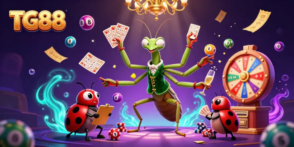 Experience the excitement of TG88 with a lively 3D illustration of casino characters and vibrant gaming elements.
