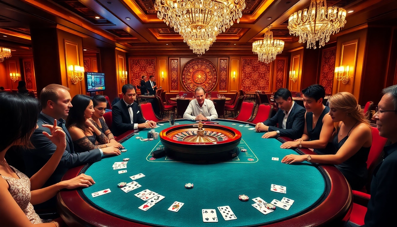 F168 gaming table with players enjoying poker and roulette in a luxurious casino setting