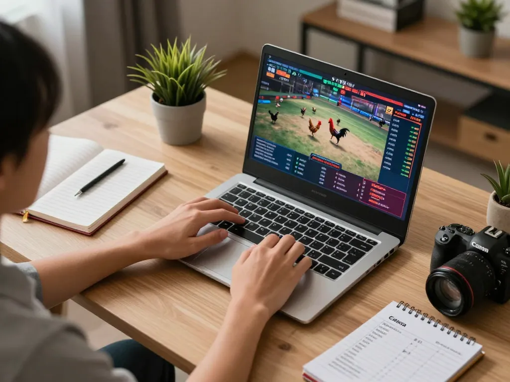 Engaged viewer watching trực tiếp đá gà on laptop with strategic betting notes on desk