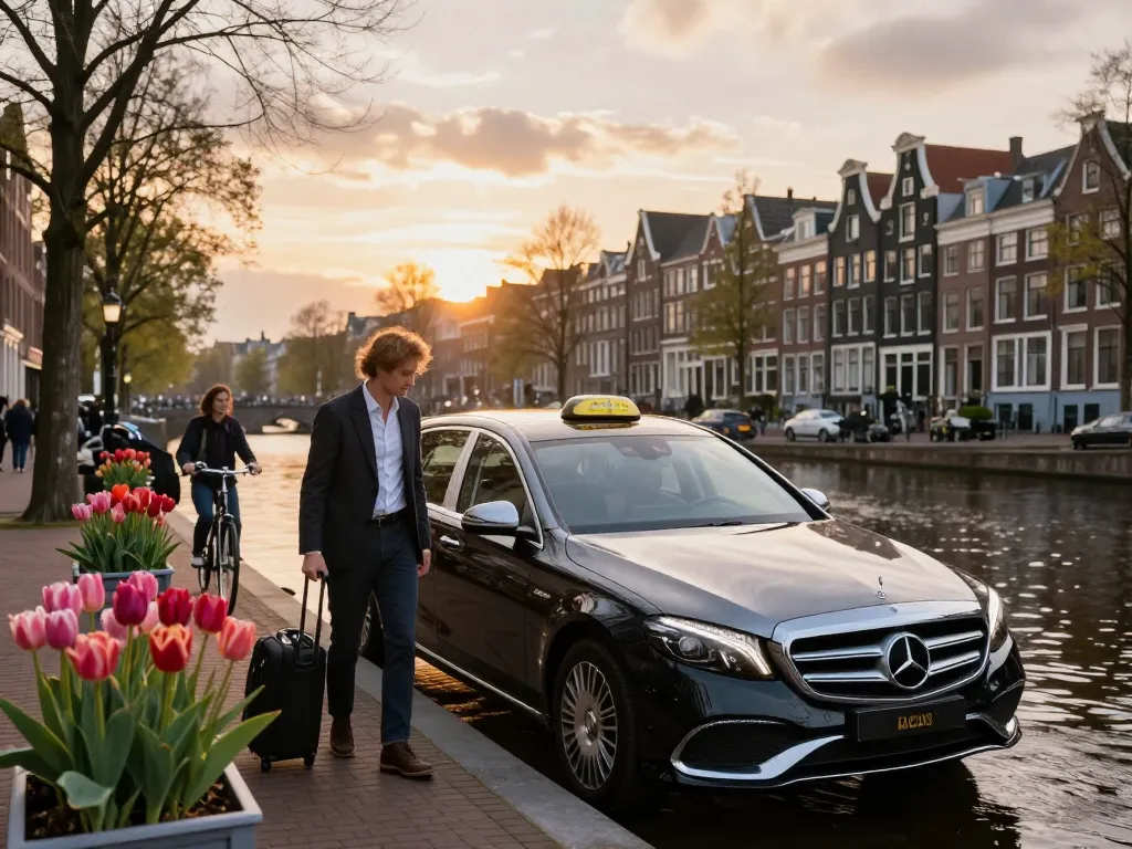 Taxi Amsterdam comfort in een luxueuze Mercedes langs de gracht in levendig avondlicht.