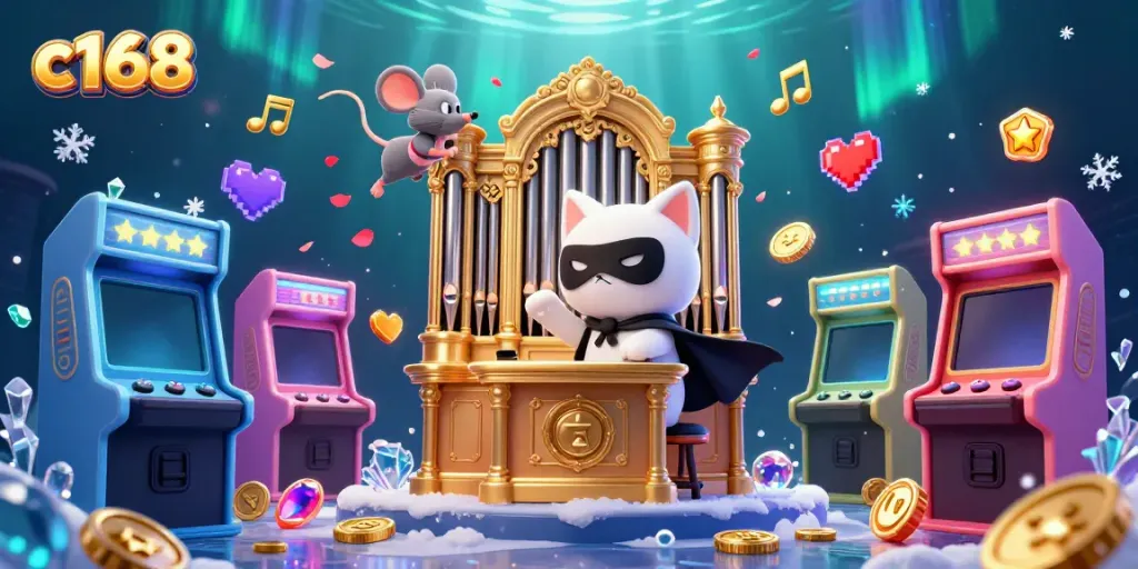 Experience thrilling gameplay at c168, featuring a whimsical casino scene with colorful arcade elements and animated characters.