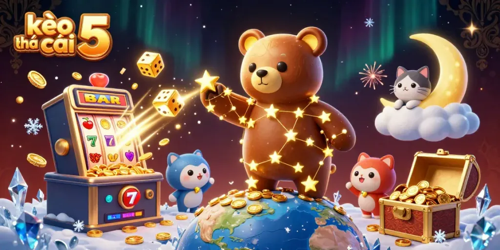 Engage with kèo nhà cái 5 as a constellation bear scoops coins amidst jackpot excitement in a vibrant casino scene.