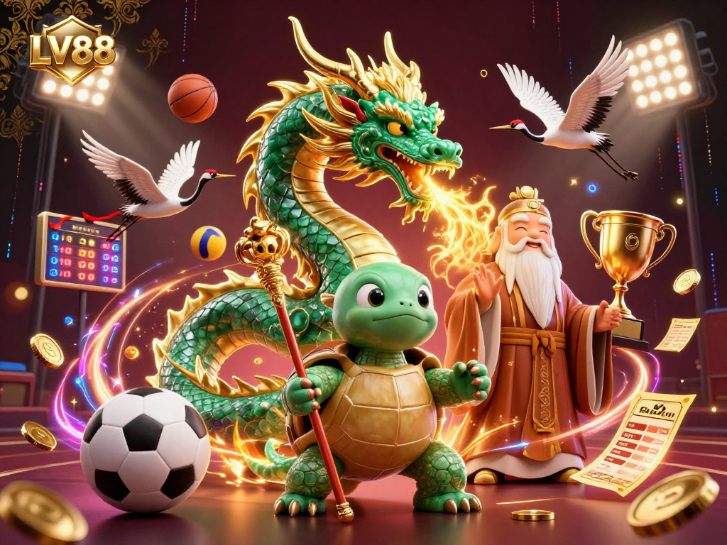 LV88 captures the thrill of gambling with dynamic dragon, turtle sage, and lucky cranes illustration.
