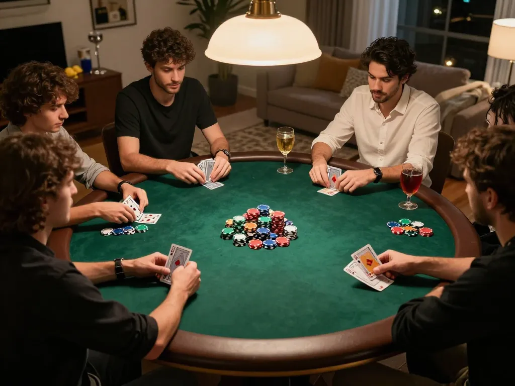 Players enjoying a competitive home poker night while managing their DA88 bankroll and strategy