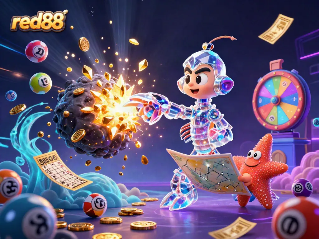 Gaming with red88, showcasing an animated scene of a galactic samurai mantis shrimp amidst vibrant lottery elements, rich in detail.