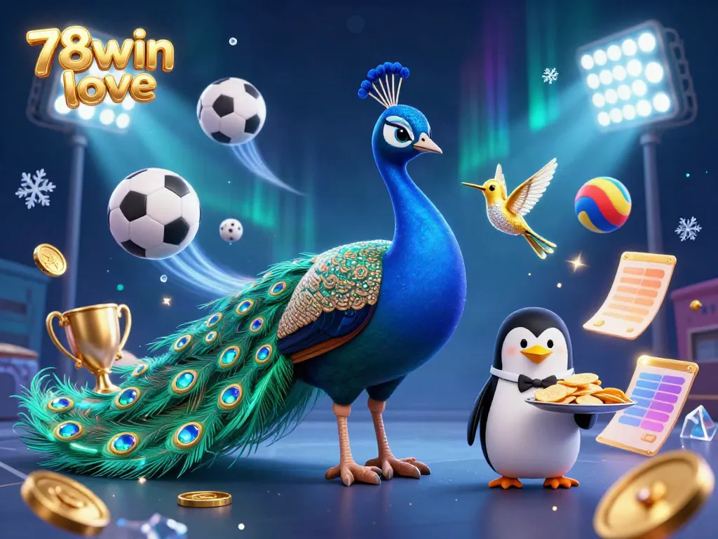 Engaging scene depicting the vibrant energy of 78win love with a peacock, penguin, and hummingbird amid sports betting elements.