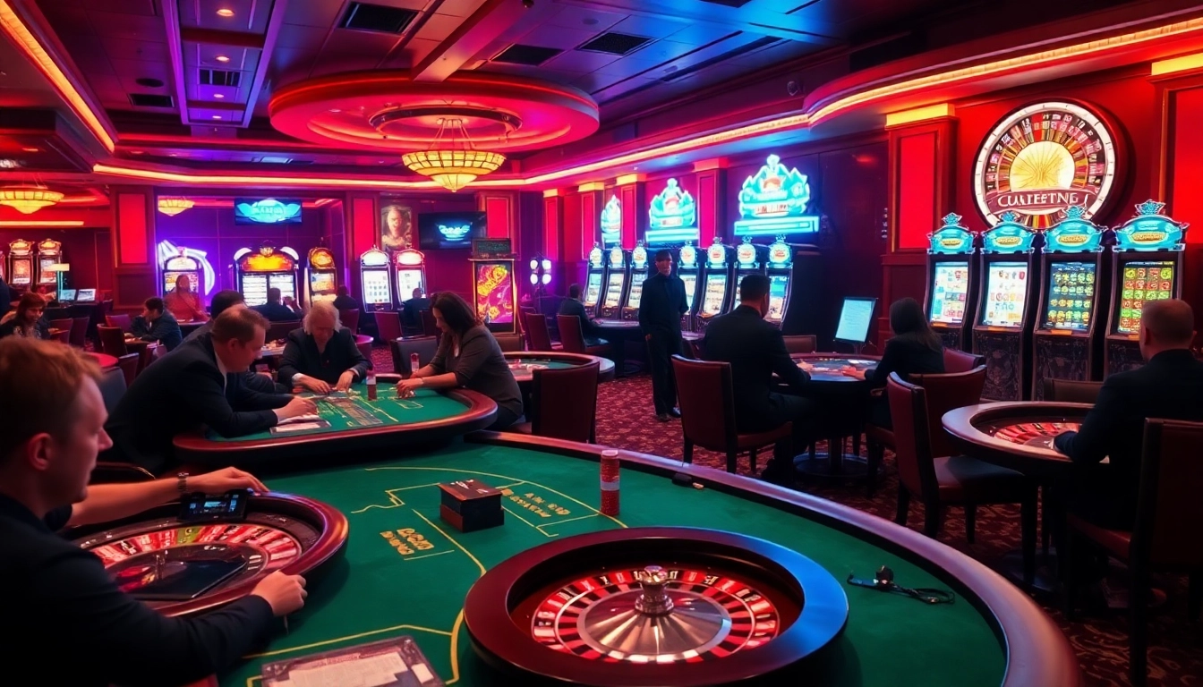 Exciting casino gaming scene at kubetz.dev featuring poker, roulette, and vibrant slot machines.