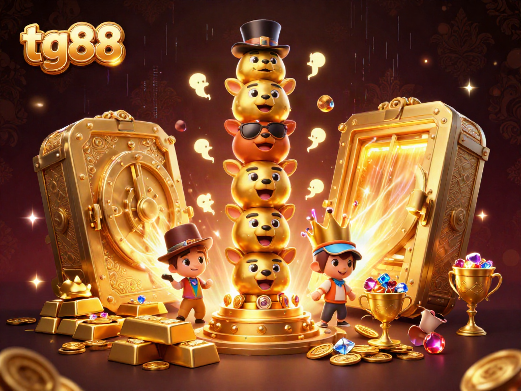 Enjoy thrilling casino adventures with tg88's vibrant 3D totem pole illustration amidst riches and games.