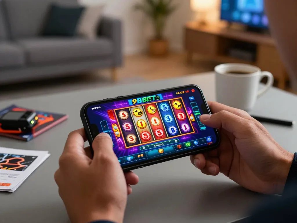 Engaging moment of mobile gaming with 9BET app featuring dynamic slot game interface on smartphone