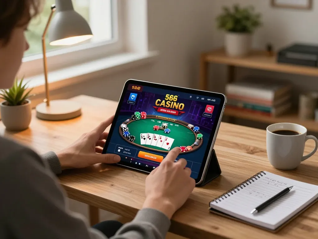 Engaged player using 566 mobile casino app, experiencing poker gameplay in a cozy home office setting