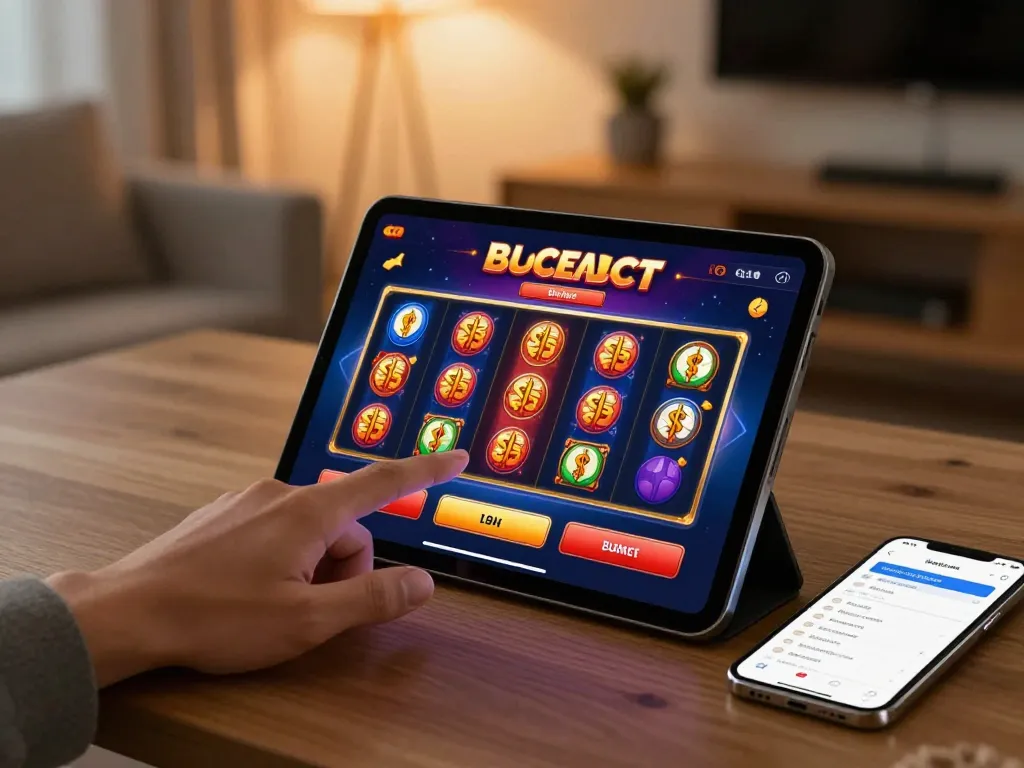 Engaging with XX88 casino slots on a tablet in a cozy home office setting, highlighting responsible gaming.