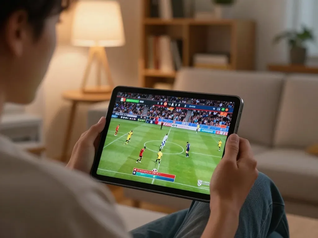 Socolive TV streaming a live soccer match on a tablet during an exciting game moment at home.
