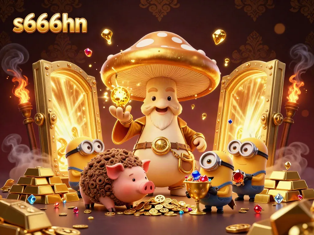 Experience the magic of s666hn with a golden wizard and treasures in this vibrant casino-themed illustration.