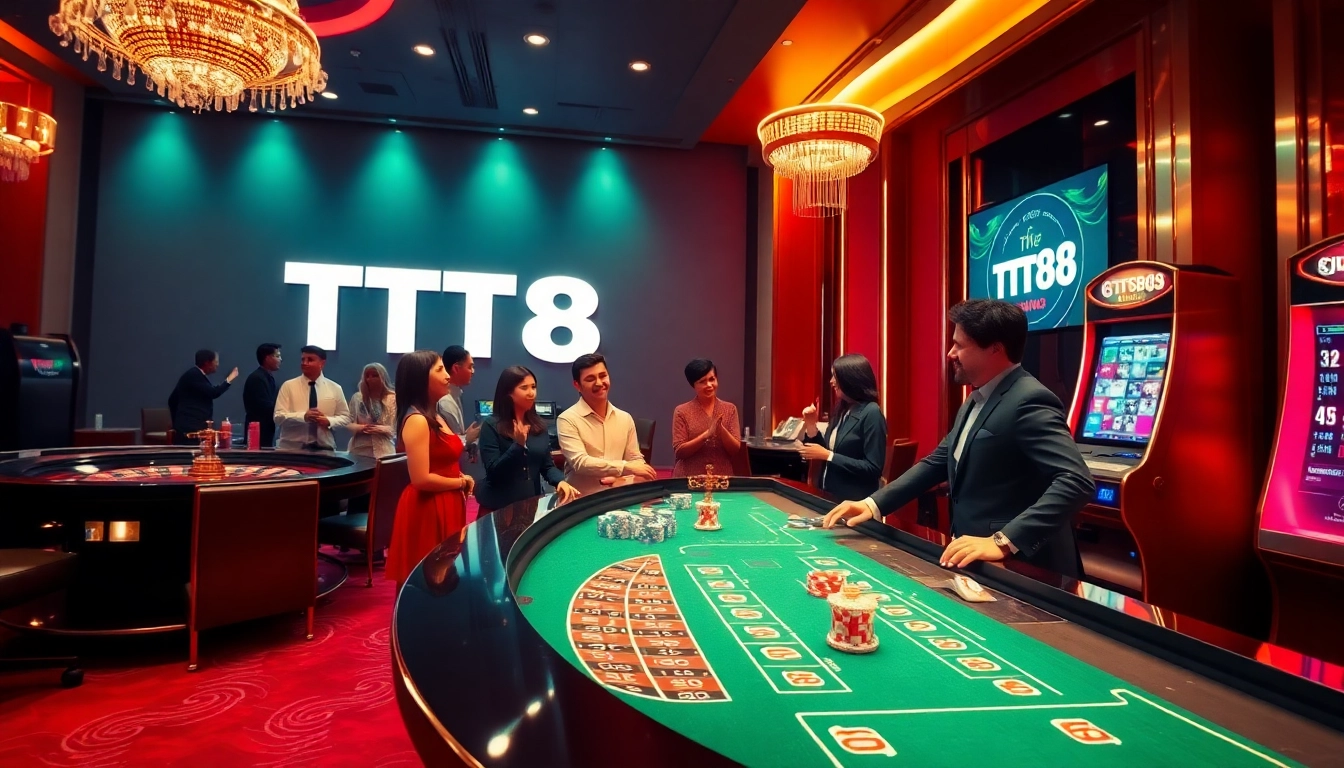 TT88 casino scene with vibrant roulette table and professional dealer engaging players.