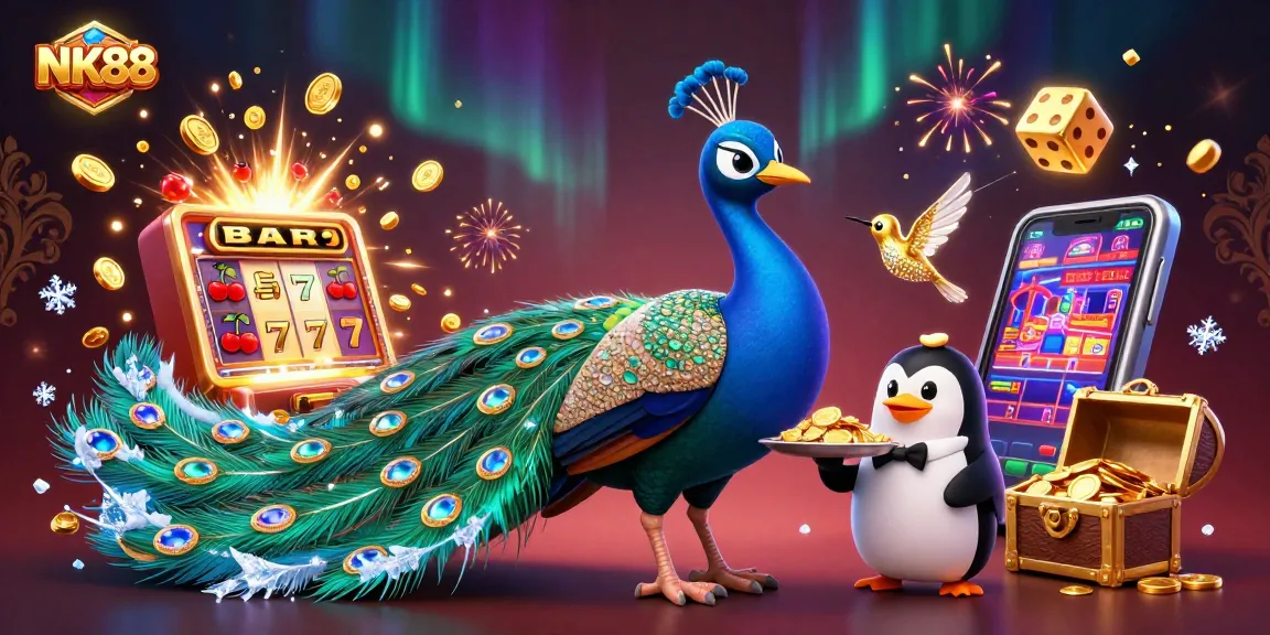 Experience the excitement of NK88 with a dazzling casino scene featuring a peacock, a butler penguin, and golden chips.
