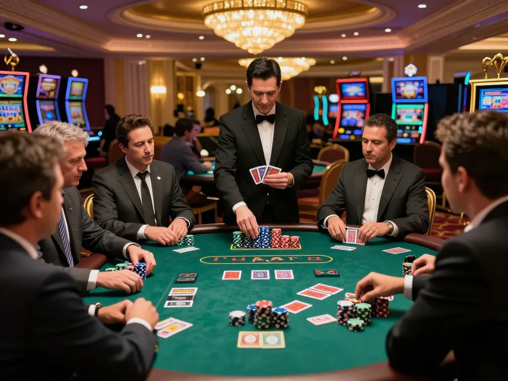 Experience thrilling blackjack gameplay at Bom88 casino with stacks of chips and intense players.