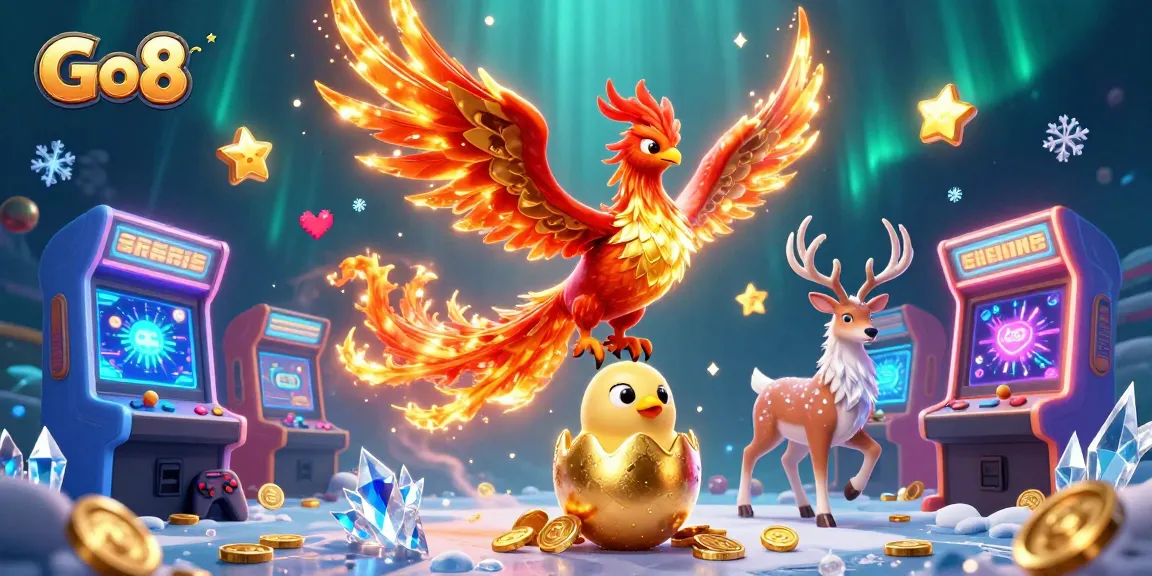 Win big with Go8 in this vibrant 3D casino illustration featuring mythical characters and arcade elements.