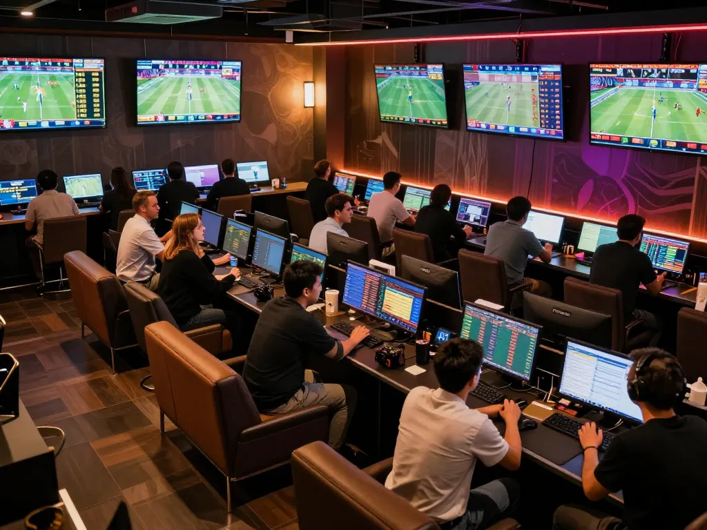 Excited patrons analyzing bets on keonhacai5 in a lively sports betting lounge.