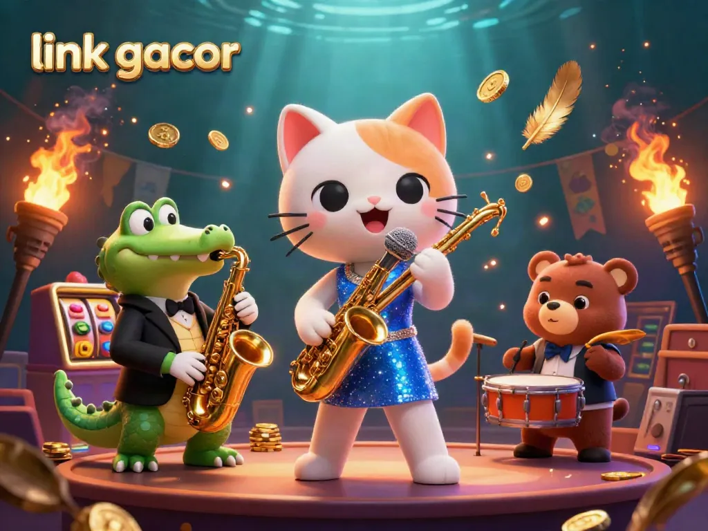 Experience the excitement with link gacor as a jazz-singer cat, saxophonist crocodile, and drum-playing bear entertain in a vibrant casino scene.