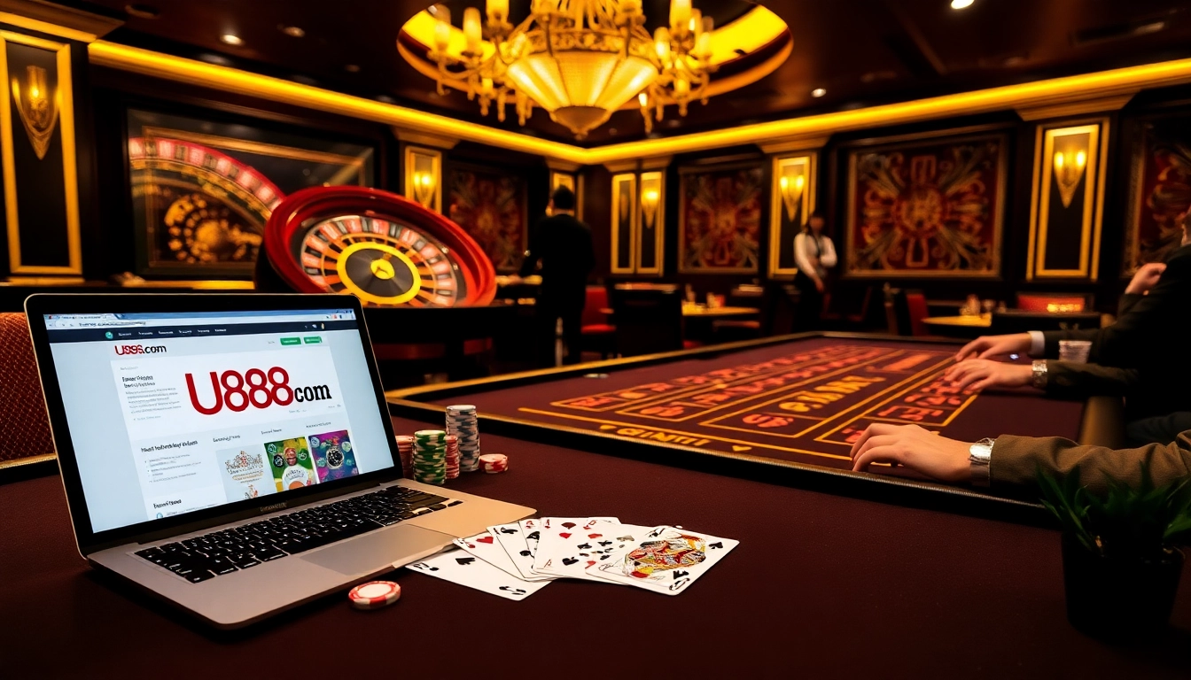 Experience high-stakes gaming at u888 com with a vibrant casino scene featuring poker chips and roulette.
