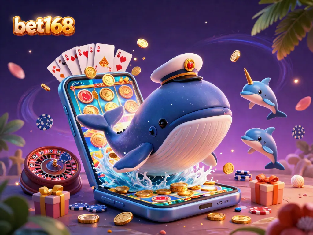 Experience excitement with bet168 as a cartoon whale and dolphins create a vibrant casino scene.