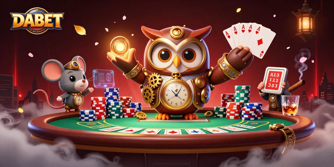 DABET brings an exhilarating gaming experience surrounded by poker chips and cards in a dynamic casino scene.