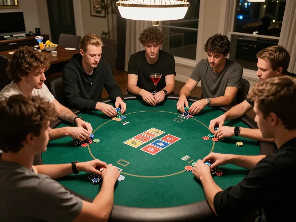 Players enjoying a thrilling Kwin poker game at home, with chips and cards laid out for strategic betting.