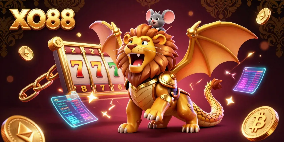 Experience the excitement of XO88 with a golden chimera and crypto elements in a dynamic 3D casino illustration.