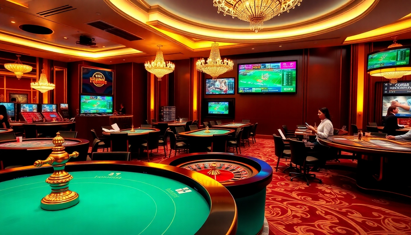 Experience thrilling gameplay at https://c168.works/ in a luxurious casino ambiance with engaged players and digital betting interfaces.