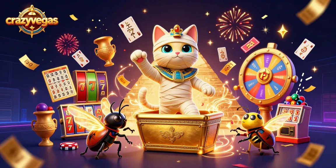 Crazyvegas offers an exciting scene with a cartoon Egyptian mummy and slot reels in a vibrant casino.