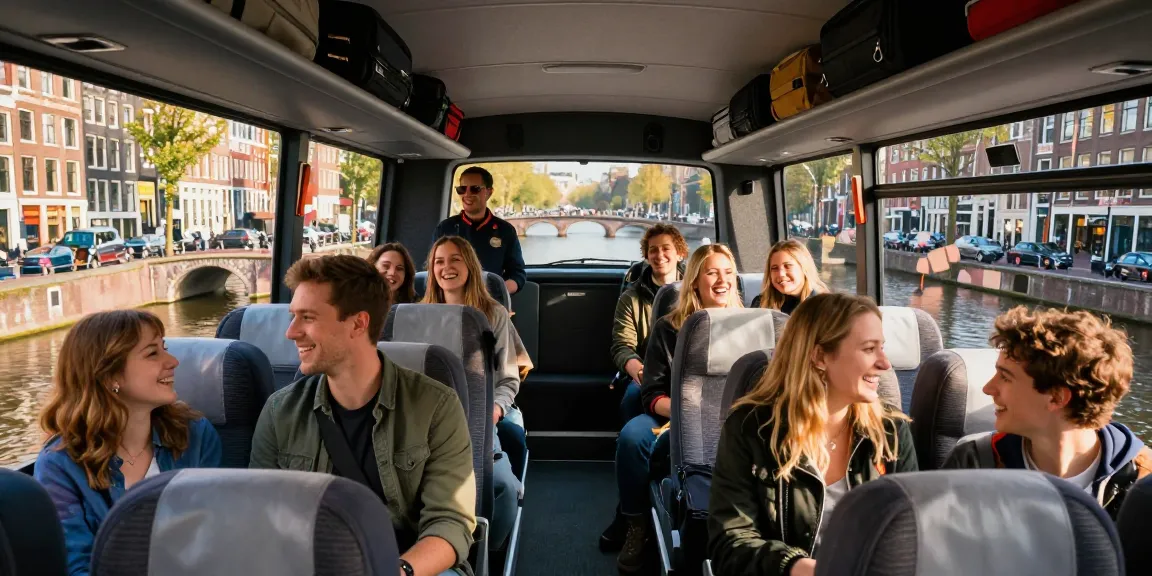 Taxi bus Amsterdam offering comfortable group travel through vibrant city scenery with iconic canals.