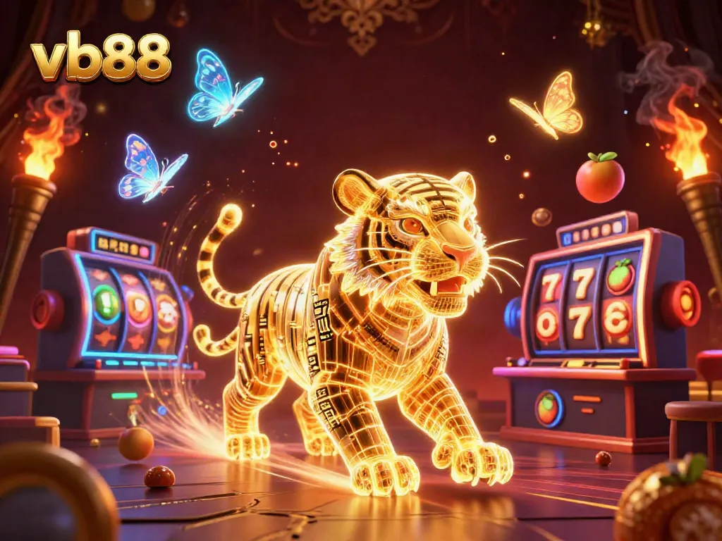 vb88 showcases a dynamic digital casino landscape with a golden tiger, slot reels, and vibrant elements.