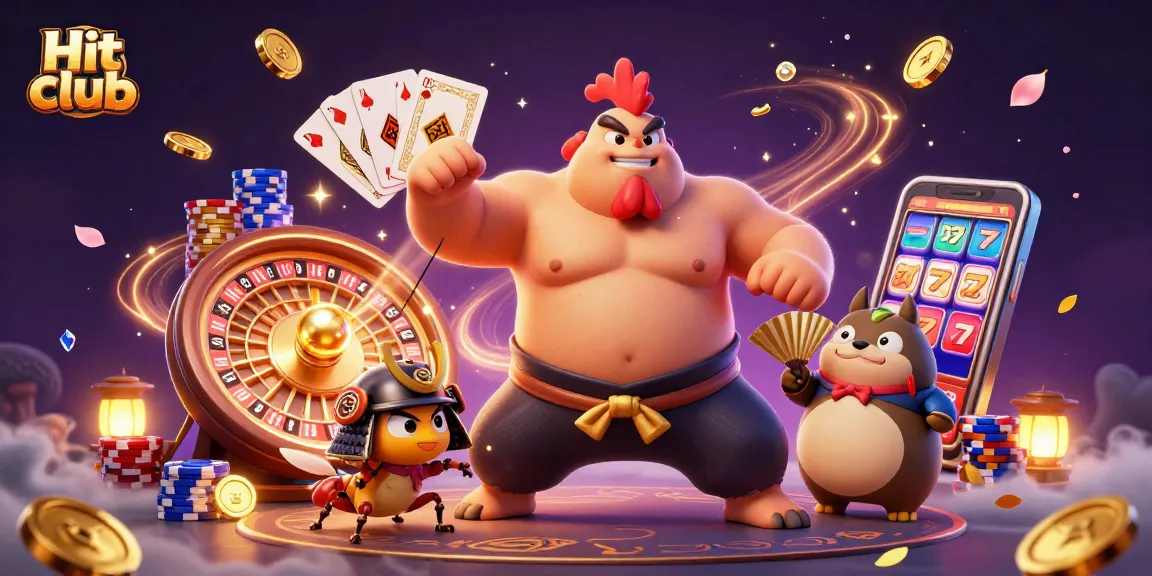 Experience thrilling gaming action at Hit club with a vibrant casino scene featuring 3D characters and sparkling elements.