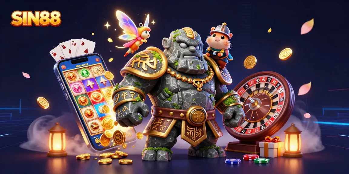 SIN88 captivates players with an enchanted scene featuring a stone golem and fairy amidst dynamic gambling elements.