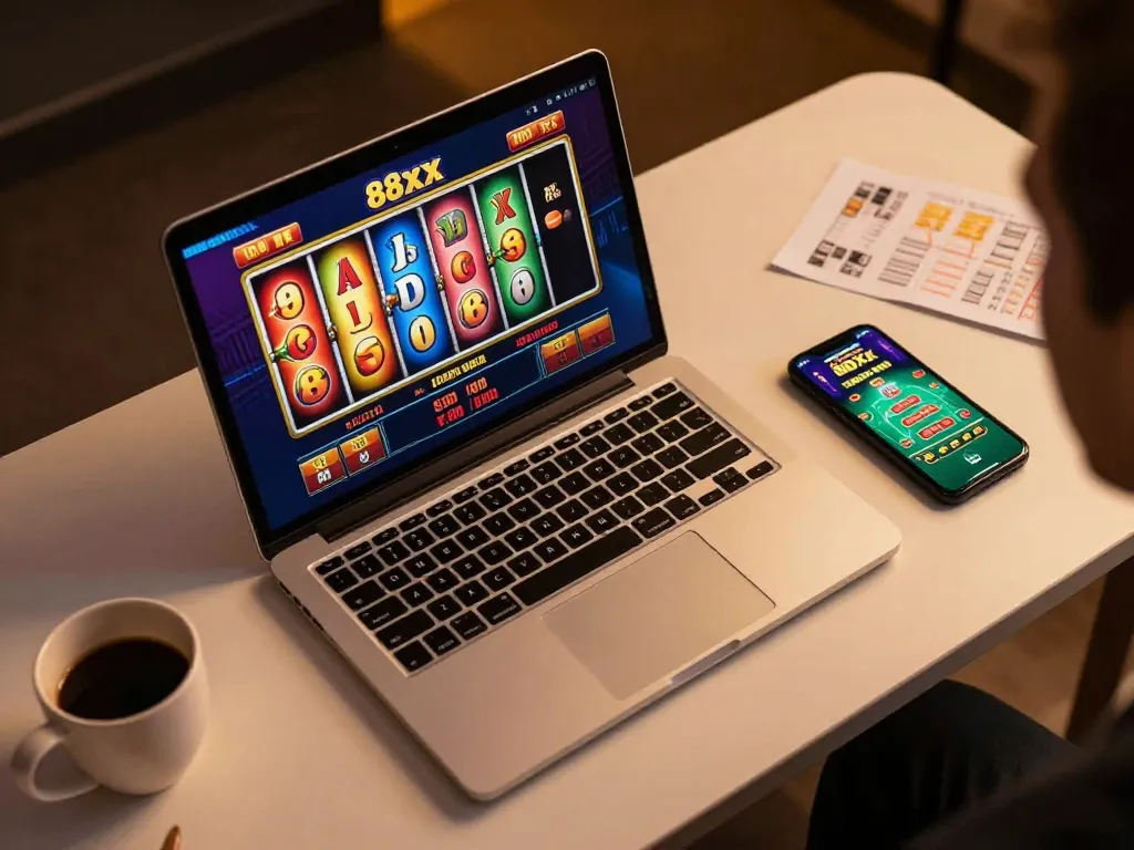 Player enjoying the thrilling slot games on 88xx platform during a cozy home gaming session.