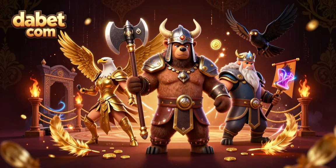 Experience exciting gameplay at dabet com with Viking and eagle characters in dynamic 3D casino scene.