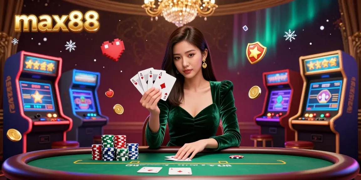 Experience the thrilling gameplay at max88 with a stunning 3D casino scene featuring a focused poker player and vibrant gaming elements.
