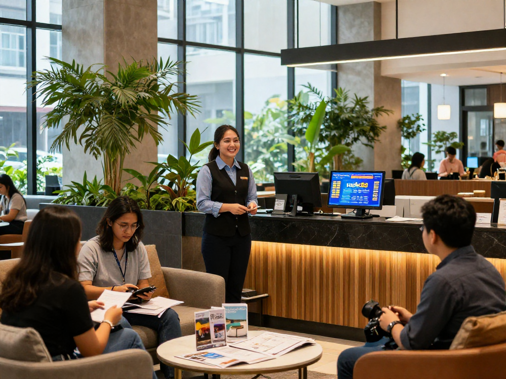 Experience rokok88 slot discounts in Jakarta's welcoming hotel lobby with modern decor and friendly service.
