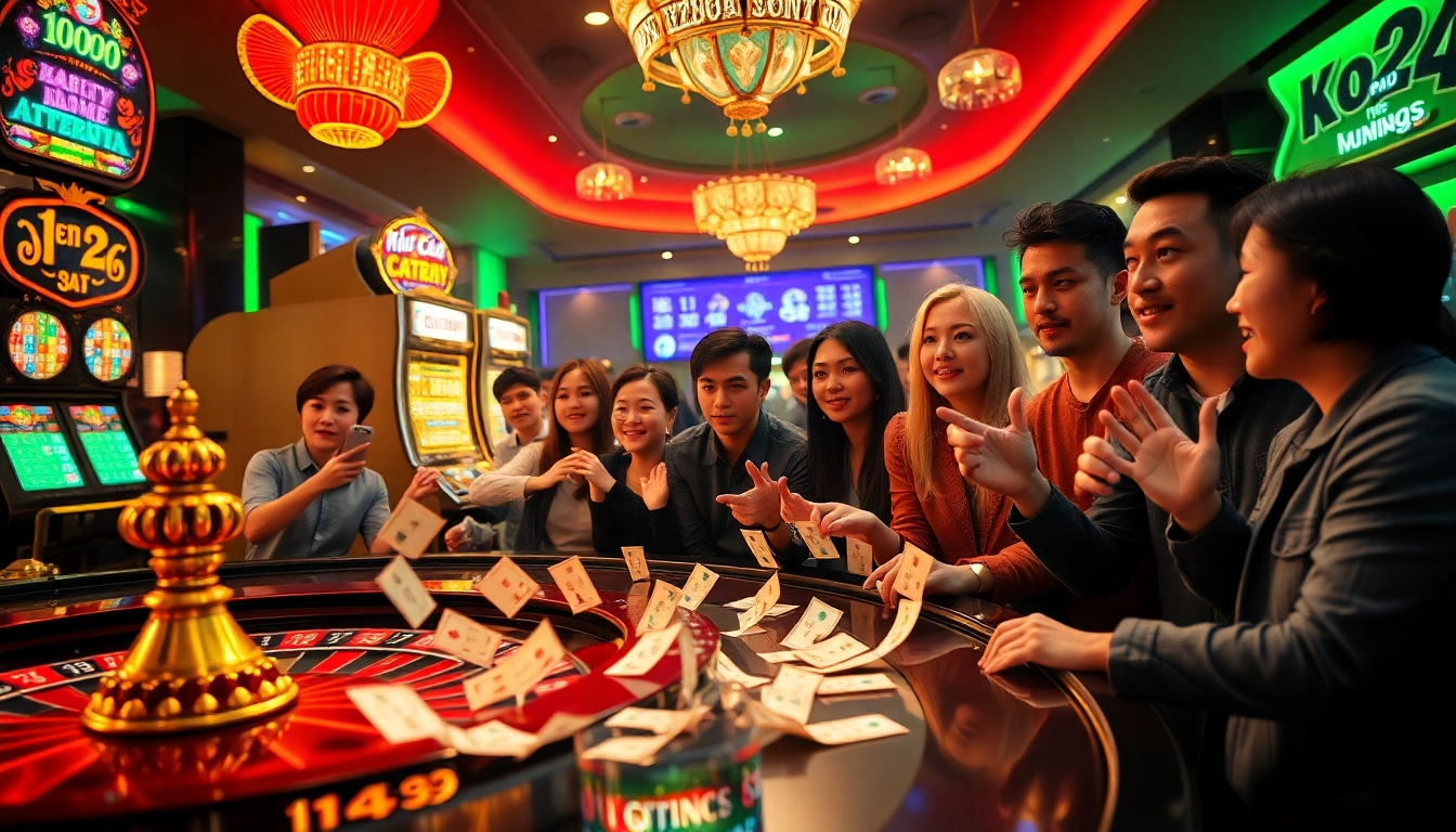 Kết quả xổ số excitement captured in a thrilling casino scene filled with eager gamblers and vibrant games.