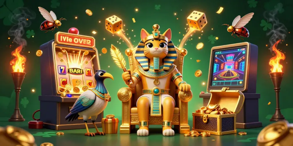 Experience the thrilling jackpots at GG 88 with a vibrant pharaoh cat and gaming elements.