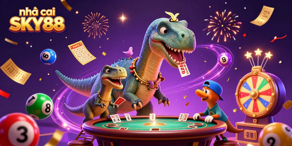 Experience the thrill of gambling with nhà cái SKY88's vibrant casino scene featuring a playful brontosaurus and clever raptor.