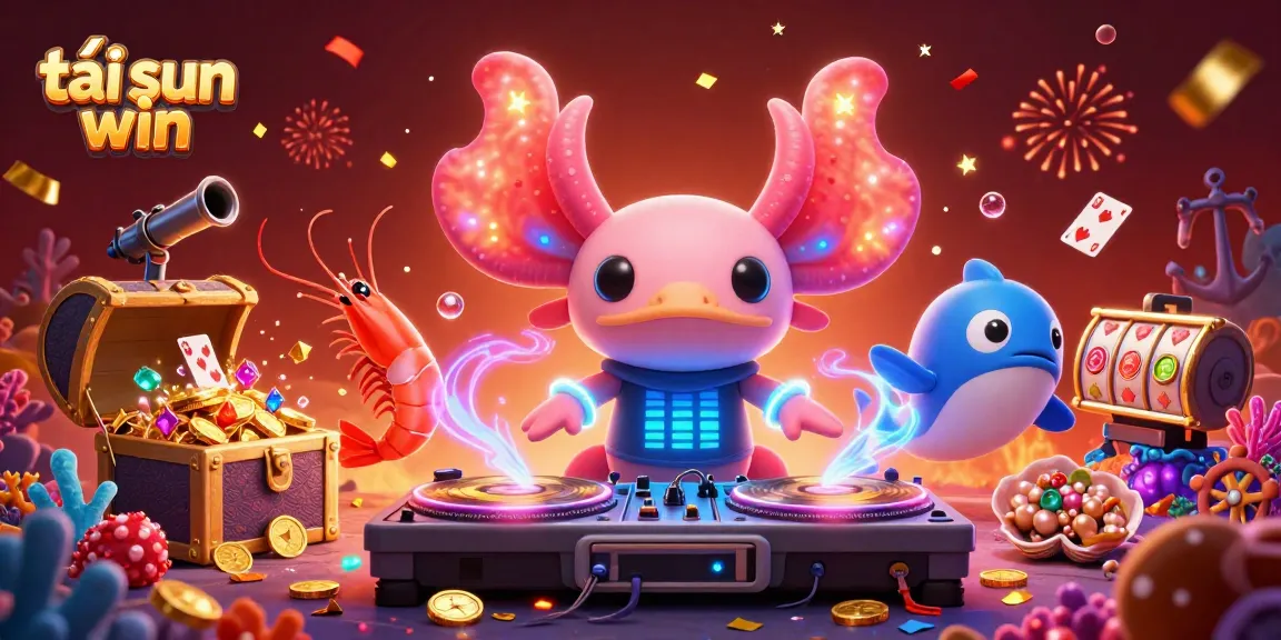 Spin to win at tải sun win with a vibrant underwater casino scene featuring an axolotl DJ.