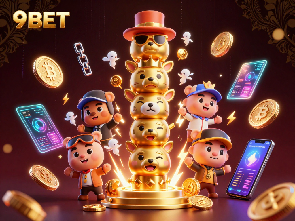 Engage with 9BET's vibrant 3D scene featuring crypto elements and an animated totem for ultimate gaming fun.