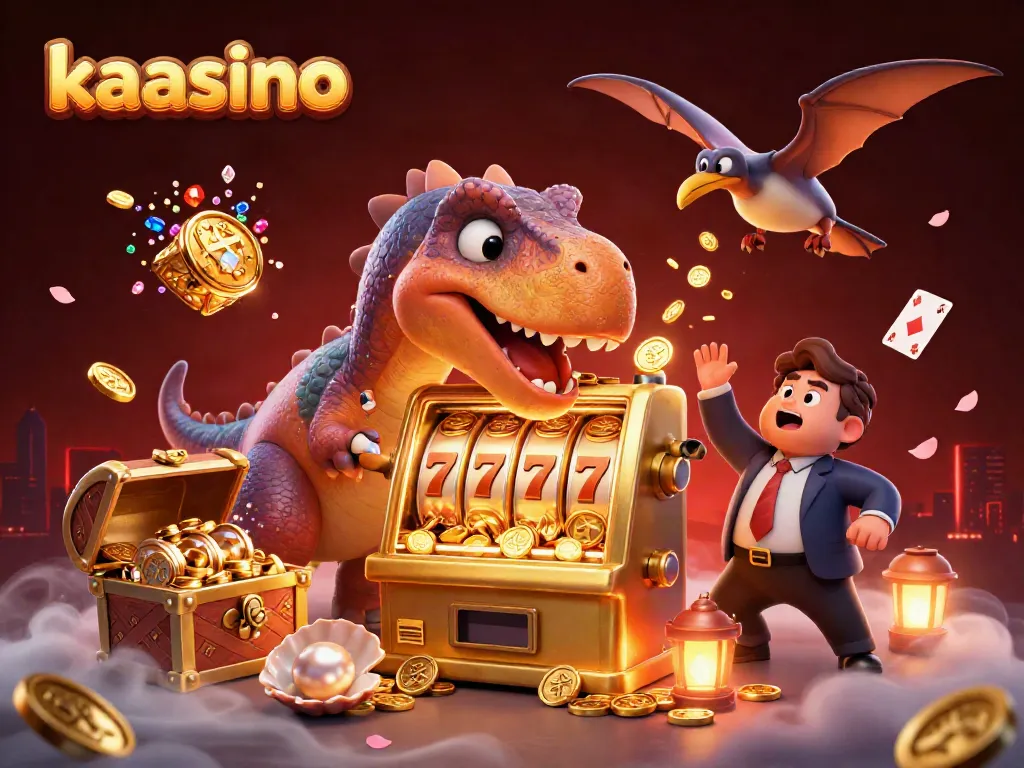 Kaasino's vibrant casino scene with characters dynamically interacting around a golden slot machine.