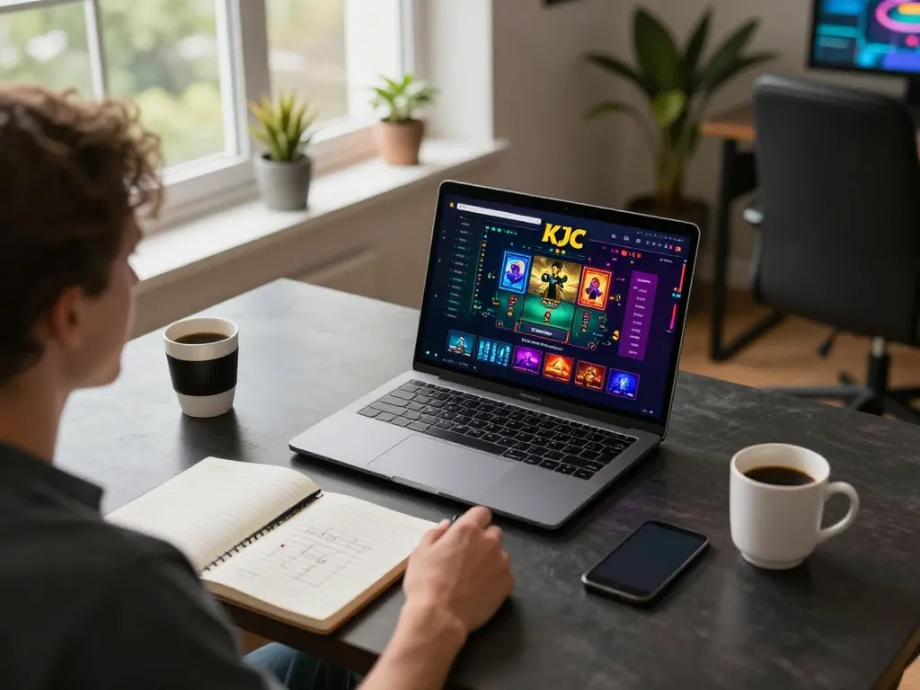KJC online gaming setup showcases engaging gameplay with strategy notes and cozy ambiance