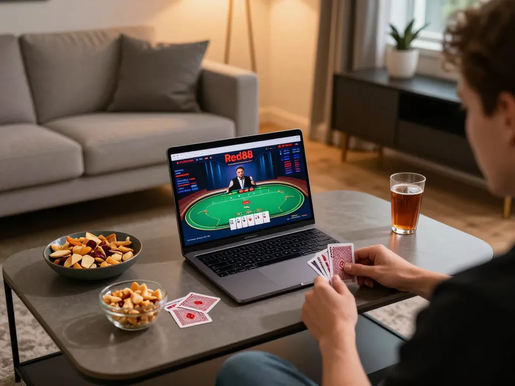 Player engaging in Red88 online poker game from a cozy home setup with snacks and drinks.